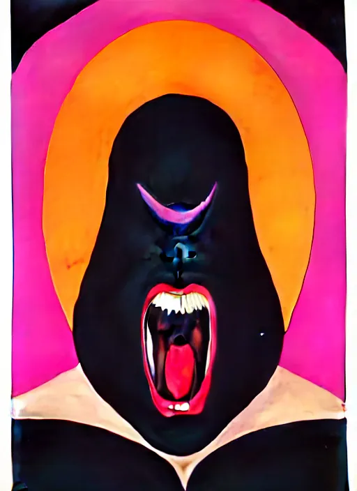 Image similar to japanese animation, portrait closeup of screaming black glossy dark carbon big woman, sensual pose, by shusei nagaoka, kaws, david rudnick, airbrush on canvas, pastell colours, cell shaded, 8 k