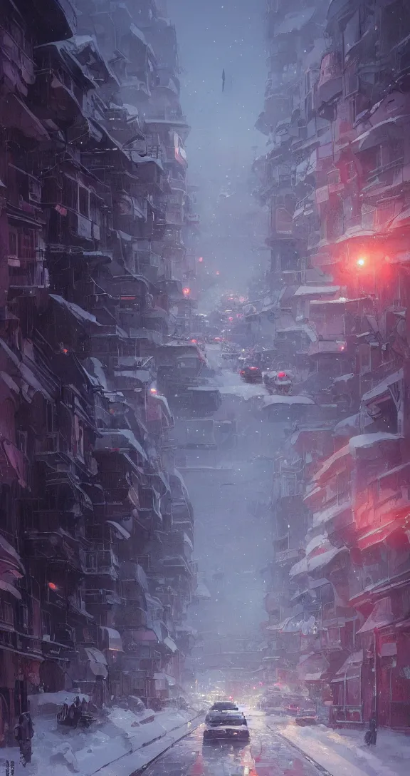 Image similar to Traffic in a snowy city, bright, pretty, by Studio Ghibli and Greg Rutkowski, artstation