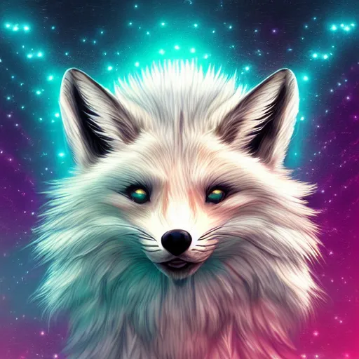 Prompt: digital silver fox, retrowave palette, digital world, highly detailed, electric breeze, anatomically correct vulpine, synth feel, fluffy face, ear floof, flowing fur, super realism, accurate animal imagery, 4 k digital art