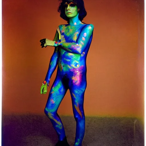 Image similar to iridescent bodypaint on a swashbuckling space pirate, photo by diane arbus