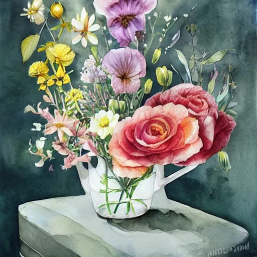 Image similar to watercolor kitchen with flowers by anna dittmann, by marco mazzoni, by stephanie law,