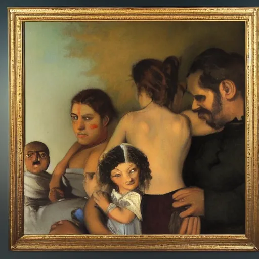 Prompt: oil on canvas painting by gustave courbet [ 1 8 6 6 ] of the simpsons family, 8 k, 4 k