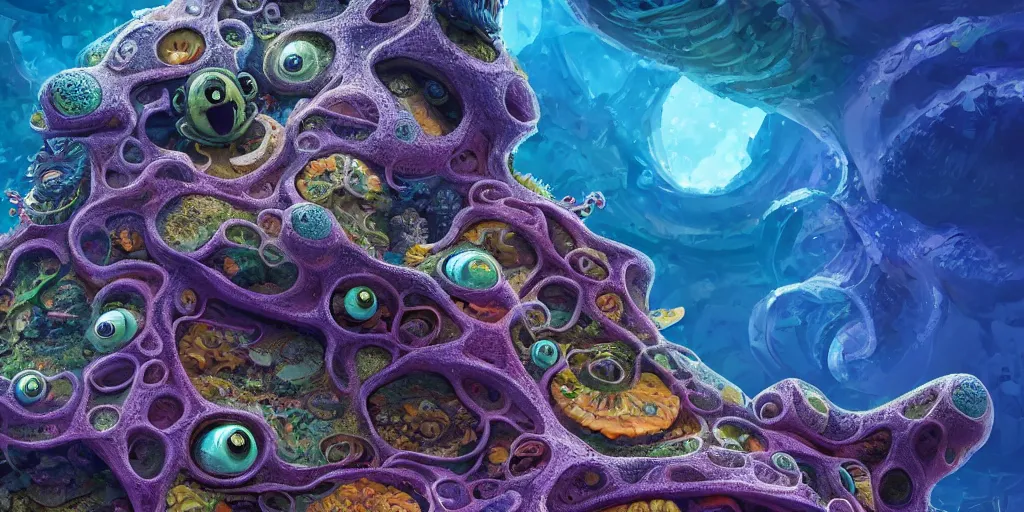 Image similar to of an intricate sea reef with strange cute friendly happy creatures with huge eyes, mouth, long tongue, round teeth and goofy face, appearing from the background, in the style of gehry and gaudi, macro lens, shallow depth of field, ultra detailed, digital painting, trending artstation, concept art, illustration, cinematic lighting, photorealism, epic, octane render