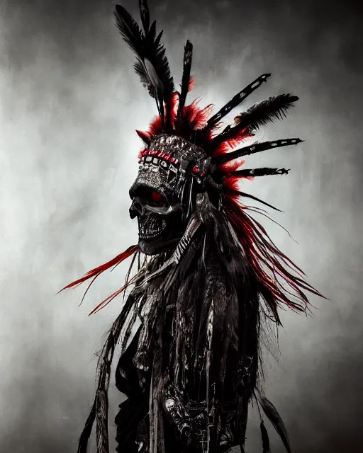 Image similar to the ghost - spirit of the grim - warpaint wears the scarlet skull armor and native blood headdress feathers, midnight fog - mist!, dark oil painting colors, realism, cinematic lighting, various refining methods, micro macro autofocus, ultra definition, award winning photo, photograph by giger and gammell