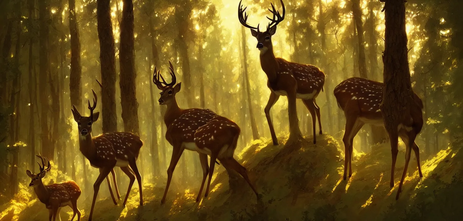 Image similar to Deer in Sherwood Forest, full frame, highly detailed, digital painting, artstation, concept art, smooth, sharp focus, illustration, art greg rutkowski and alphonse mucha