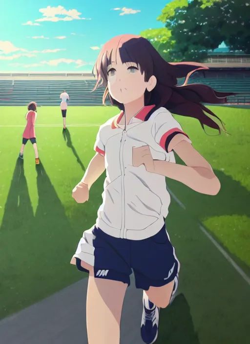 Prompt: portrait of high school runner girl, sunny sky background stadium landscape illustration concept art anime key visual trending pixiv fanbox by wlop and greg rutkowski and makoto shinkai and studio ghibli and kyoto animation symmetrical facial features short hair sports clothing marathon race nike shirt