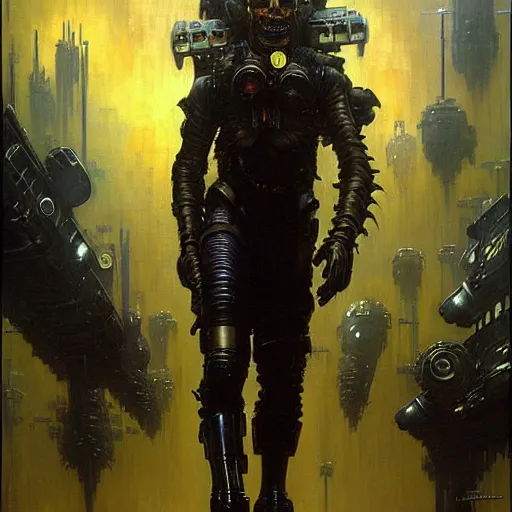 Image similar to portrait black german shepard dogman humanoid bipedal canine neuromancer. spaceship futuristic city. shadowrun cyberpunk fantasy d & d painting by gaston bussiere craig mullins jc leyendecker gustav klimt artgerm greg rutkowski john berkey, bergey, craig mullins, ruan jia, raymond swanland, tom lovell