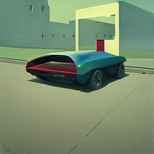 Prompt: dreaming futuristic red electric car and a green electric car, science fiction, Edward Hopper and James Gilleard, Zdzislaw Beksinski highly detailed