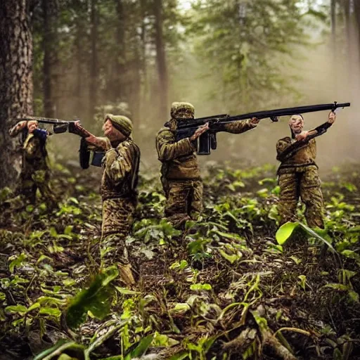 Image similar to “ soldiers shooting at frogs in finnish forest, trees, swamp ”