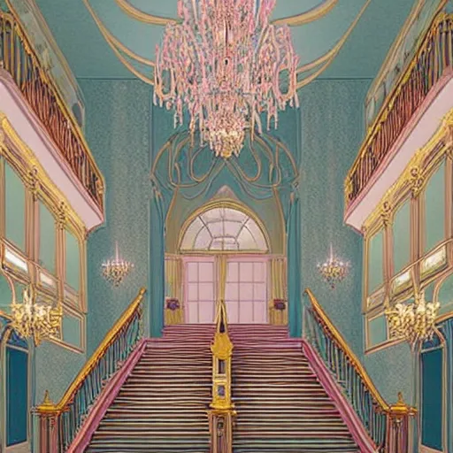 Prompt: “Entry foyer to Cinderellas castle, wide grand staircase, high ceiling, pastel color palette, concept art”