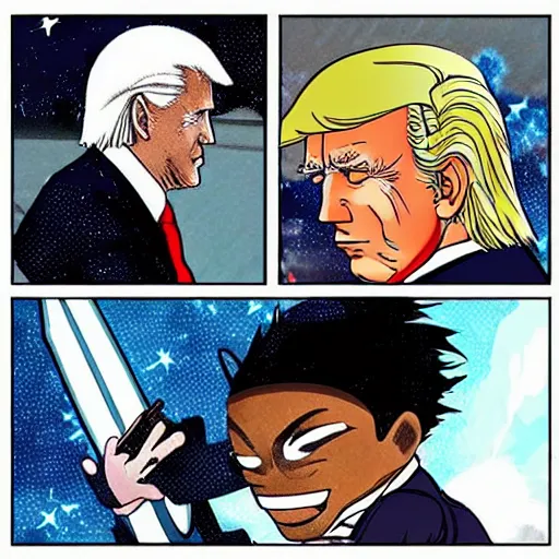 Prompt: “Anime Joe Biden locking swords with anime Donald Trump”