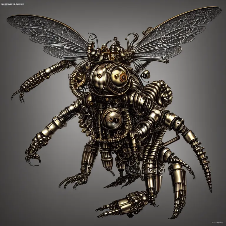 Prompt: steampunk cybernetic biomechanical bee with wings, 3 d model, very coherent symmetrical artwork, unreal engine realistic render, 8 k, micro detail, intricate, elegant, highly detailed, centered, digital painting, artstation, smooth, sharp focus, illustration, artgerm, tomasz alen kopera, wlop