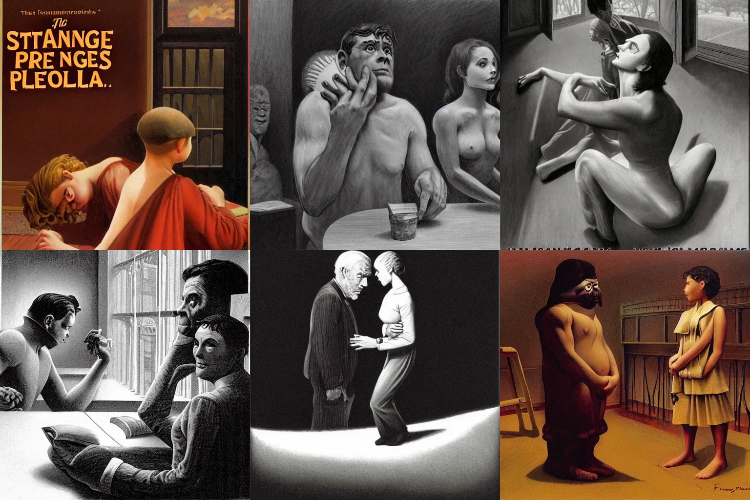 Prompt: The strange people, Chris Van Allsburg, Frank Frazetta