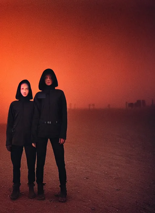 Image similar to cinestill 5 0 d photographic portrait by steve mccurry of two loving female androids wearing rugged black techwear on a desolate plain with a red sky in front of a brutalist structure, extreme closeup, cyberpunk style, dust storm, 8 k, hd, high resolution, 3 5 mm, f / 3 2, ultra realistic faces, ex machina