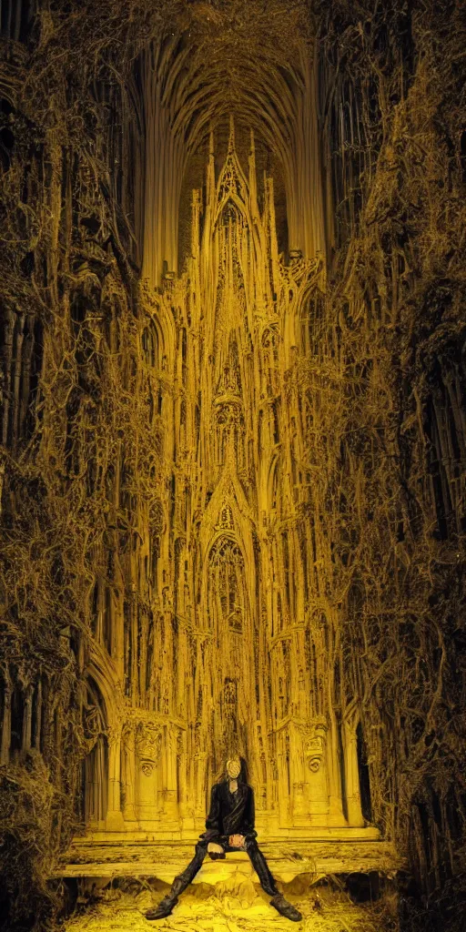 Prompt: a tall pale humanoid being sitting upon an ornate stone throne, 4K, digital art, horror, dramatic, wearing a long yellow rotting garment, dark, hyperrealistic, perspective, complex black church background with volumetric lights coming in through cathedral windows, dark background, highlights,