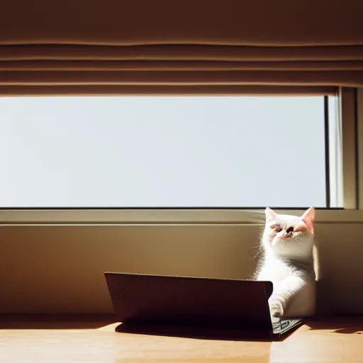 Image similar to A cat lounging on a laptop computer near a window with a mid day city outside