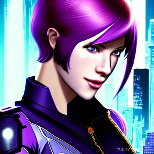 Image similar to A combination of Katheryn Winnick's and Grace Kelly's and Katherine McNamara's faces with short violet hair as Motoko Kusanagi from Ghost in The SHell, western, D&D, fantasy, intricate, elegant, highly detailed, digital painting, artstation, concept art, matte, sharp focus, illustration, art by Artgerm and Greg Rutkowski and Alphonse Mucha