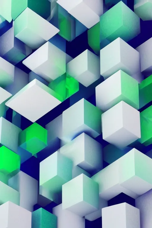 Prompt: high quality 3 d render of minimal abstract green and blue gradient geometric cubes floating in a white space with watery reflecting glass materials, matte colorful gradients, unreal engine octane render raytracing, diffuse light