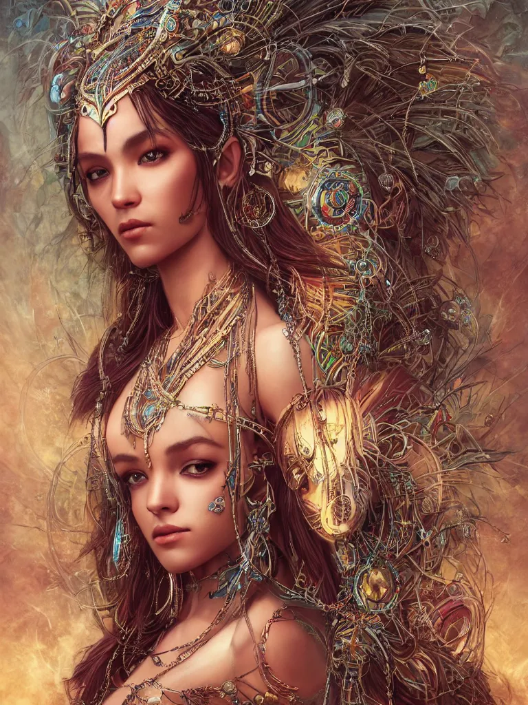 Image similar to a centered render of a single alluring mystical tribal goddess adorned with feathers and gemstones and cables and synthesizer parts is surrounded by sacred geometry made from elven architecture, full body, gorgeous, perfect face, powerful, cinematic, beautifully lit, by artgerm, by karol bak, 3 d, trending on artstation, octane render, 8 k