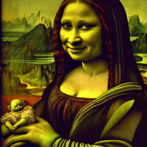 Image similar to A portrait of Shrek!!!! in the style of the Mona Lisa, by Leonardo Da Vinci, chiaroscuro, museum catalog photography,