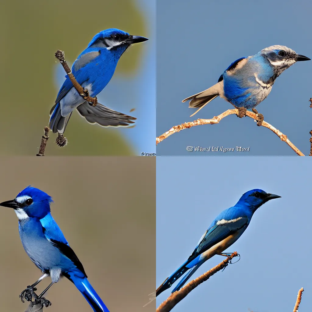 Prompt: tattoo of California scrub jay, has white eye brow, partly cloudy sky, looking from slightly below, 200mm wildlife photograph, national geographic, award winning