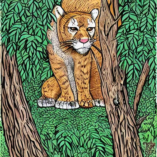 Prompt: big cats hide in the trees cartoon