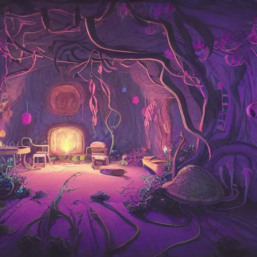 Image similar to concept art painting of a interior of a cozy alien fantasy cottage made of mushrooms and fungus, with black vines and magenta houseplants, blue and magenta light, realistic, detailed, cel shaded, dark, in the style of makoto shinkai and greg rutkowski and james gurney