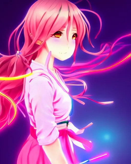 Image similar to anime style, vivid, expressive, full body, 4 k, painting, a cute magical girl idol with a long wavy hair wearing a kimono outfit, correct proportions, stunning, realistic light and shadow effects, neon lights, studio ghibly makoto shinkai yuji yamaguchi