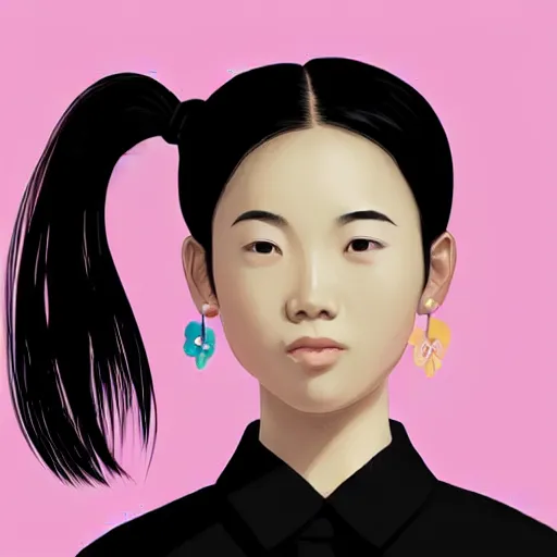 Prompt: portrait of asian girl with muji shirt, round face, black hair, ponytails, skinny, smile, attractive, small chin, wearing pink hair bow, earrings, with a japanese print background, intricate, elegant, glowing lights, highly detailed, digital painting, artstation, sharp focus, illustration, art by wlop, mars ravelo and greg rutkowski