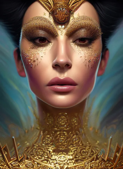 Prompt: portrait of latina queen, zoom, close, face, fantasy, rule of thirds, atmosphere, intricate, regal, octane render, arnold render, unreal engine, lumen, symmetrical!!, loreal, maybelline, sephora, loreal, artstation, art by karol bak ( ( cinematic ) ), concept art, filmic, vsco