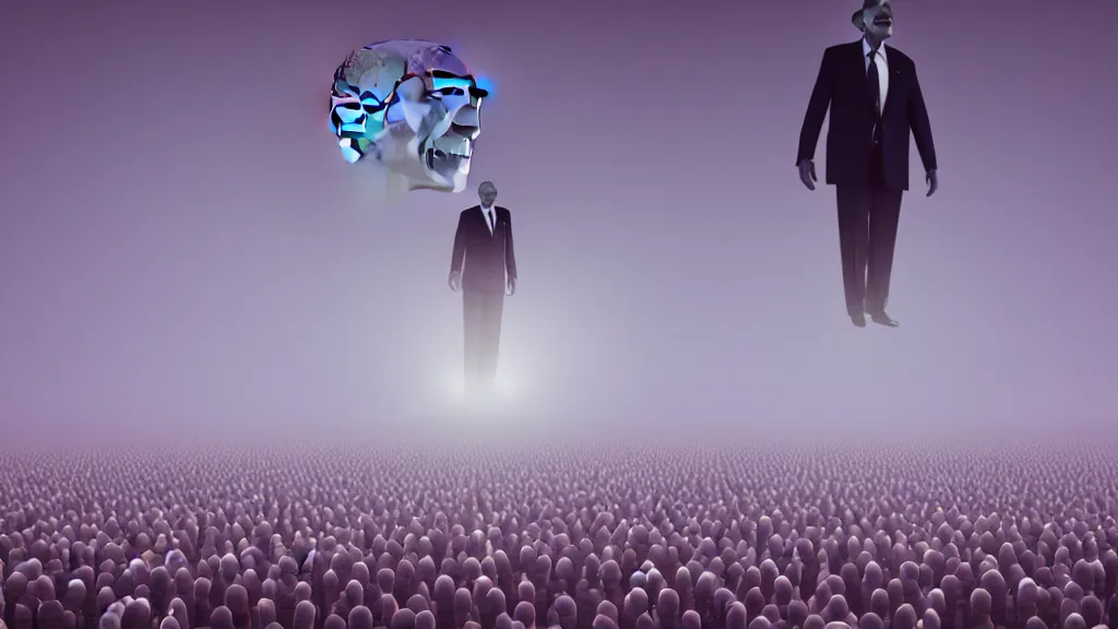 Prompt: 1000 vampire Obama clones with plasma eyes worshipping their Obama god floating above ; render by Beeple, 4K