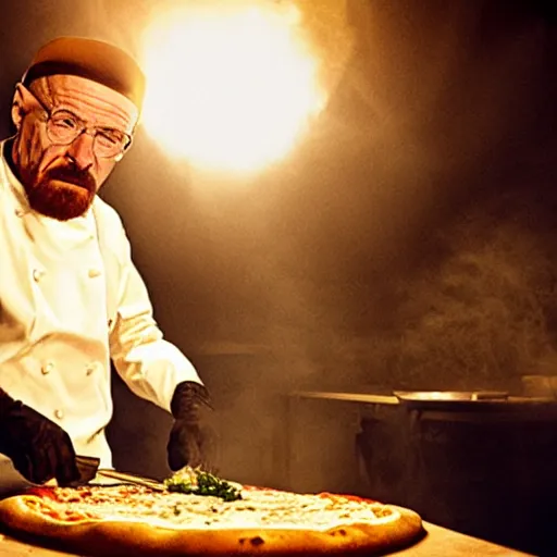 Prompt: walter white making pizza!!! margherita! with a blowtorch!! in the desert, dramatic lighting, movie poster