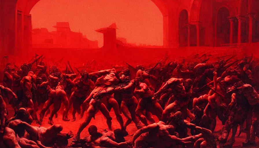 Prompt: only with red, bloody armored gladiator battle in a crowded roman amphitheatre, crowd cheering, in the style of beksinski and edward hopper and rodcenko and yue minjun and greg rutkowski, intricate and epic composition, red by caravaggio, highly detailed, masterpiece, red light, artstation, art nouveau