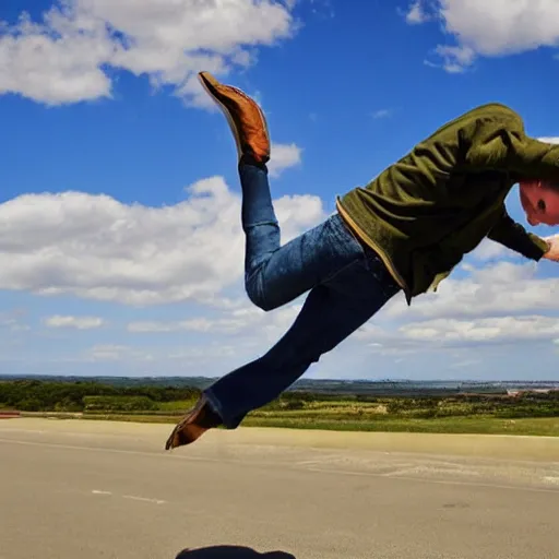 Image similar to A horizontal wide shot of ((Tom Pretty)) free falling from the sky, photorealistic, blue sky