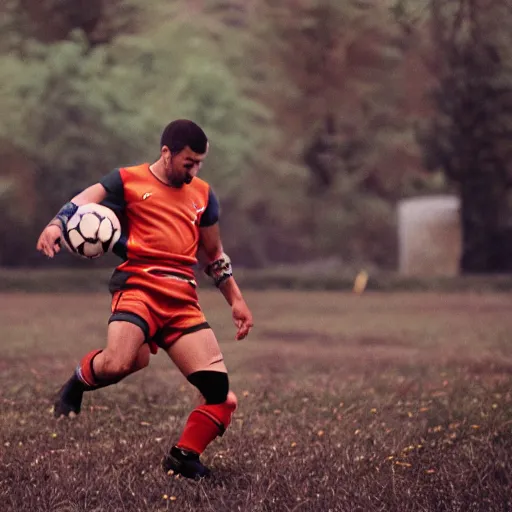 Prompt: photo of kratos god of war playing soccer cinestill, 800t, 35mm, full-HD