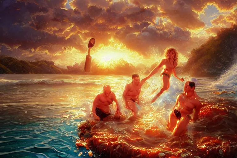 Image similar to tom hanks swimming in lasagna, meg ryan life guard, an oil painting by ross tran and thomas kincade