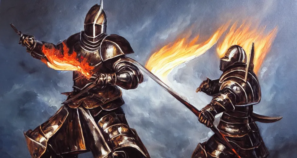 Image similar to An oil painting of a knight in dark metal armor wielding a flaming sword