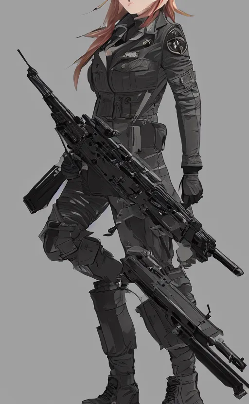 Image similar to highly detailed, high resolution, character design art, stunning, volumetric lightning, realistic guns, girls frontline style, matte, sharp focus, 150mm, illustration, artstation, by kuvshinov ilya, professional result, realistic human anatomy, simple design, realistic military gear