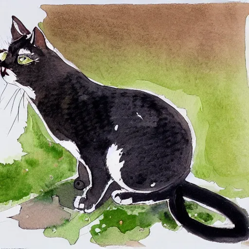 Image similar to a cat using a sniper rifle to hunt a mouse. watercolor.