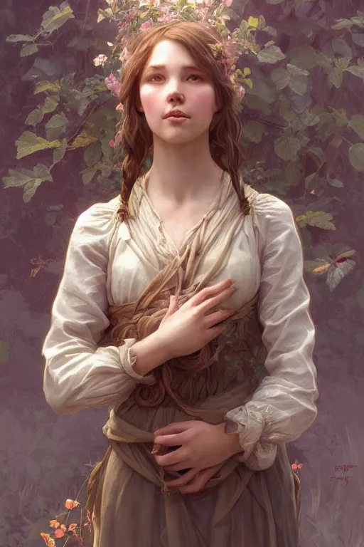 Image similar to beautiful cottagecore young peasant maiden, innocent, intricate, elegant, highly detailed, digital painting, artstation, concept art, smooth, sharp focus, illustration, art by artgerm and greg rutkowski and alphonse mucha