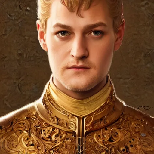 Image similar to portrait of joffrey baratheon, intricate, elegant, highly detailed, digital painting, artstation, concept art, smooth, sharp focus, illustration, art by artgerm and greg rutkowski and alphonse mucha and william - adolphe bouguereau