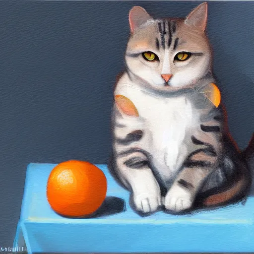 Image similar to a cat pondering oranges on a table, oil on canvas, artstationm digital art