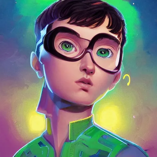 Prompt: a young man with short wavy brown hair and glowing green eyes as a super hero, pixar cute, highly detailed, sharp focus, neon color, digital painting, artwork by Jeremiah Ketner + Mati Klarwein + Fintan Magee + Chris Mars, background artwork by greg rutkowski