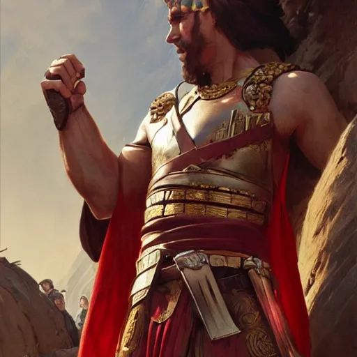 Image similar to julius Ceasar showing thumb down during gladiator fight, intricate, elegant, highly detailed, digital painting, artstation, concept art, smooth, sharp, focus, illustration, art by artgerm and greg rutkowski and alphonse mucha