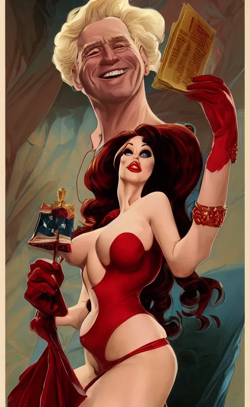 Prompt: joe biden dressed as jessica rabbit holding the united states constitution, intricate, elegant, highly detailed, digital painting, artstation, concept art, matte, sharp focus, illustration, in the style of magic the gathering, art by artgerm and greg rutkowski and alphonse mucha