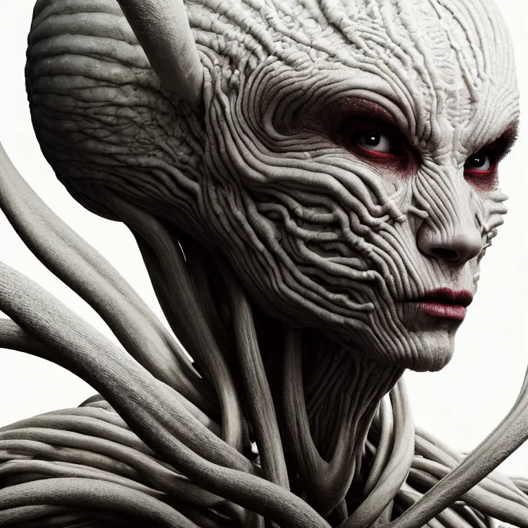 Prompt: portrait of white alien man with ribbed body, covered with twisted ribbed crooked antlers in wastelands on white exoplanet, baroque portrait painting, beautiful intricate insanely detailed octane render, artstation, 8 k artistic photography, photorealistic, volumetric perfect light, chiaroscuro, raphael, caravaggio, beksinski, rutkowski, giger