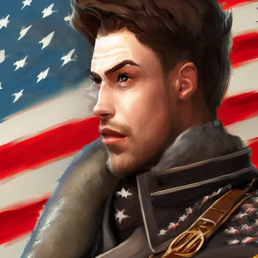 Image similar to portrait of a man in a continental battlecoat with an american flag belt, D&D, fantasy, elegant, hopeful, muscular, highly detailed, digital painting, artstation, concept art, smooth, sharp focus, illustration