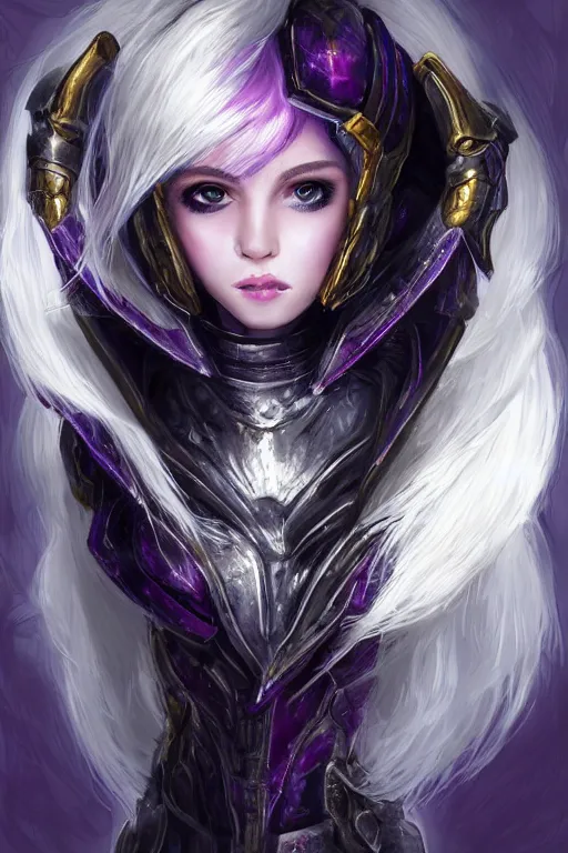 Image similar to portrait evilly knights of Zodiac girl, white hair, metalic deep purple and black reflected armor, in ruined Agora of Athens thuder flash night, sparkling, ssci-fi, fantasy, intricate, very very beautiful, elegant, golden light, highly detailed, digital painting, artstation, concept art, smooth, sharp focus, illustration, art by tian zi and WLOP and alphonse mucha