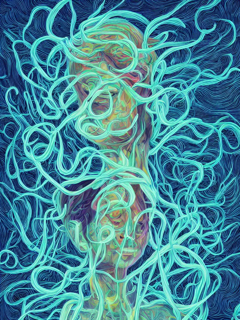 Image similar to a person with thought tendrils emanating from their head, digital art, chromatic