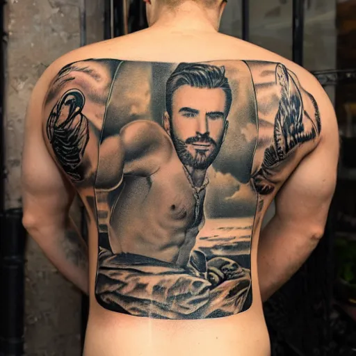 Image similar to a picture of my new back tattoo of chris evans'face by tom of finland